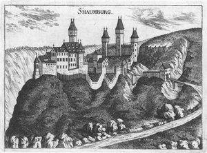 Incisione, vista del castello di Schaunburg, Alta Austria da Georg Matthäus  Vischer